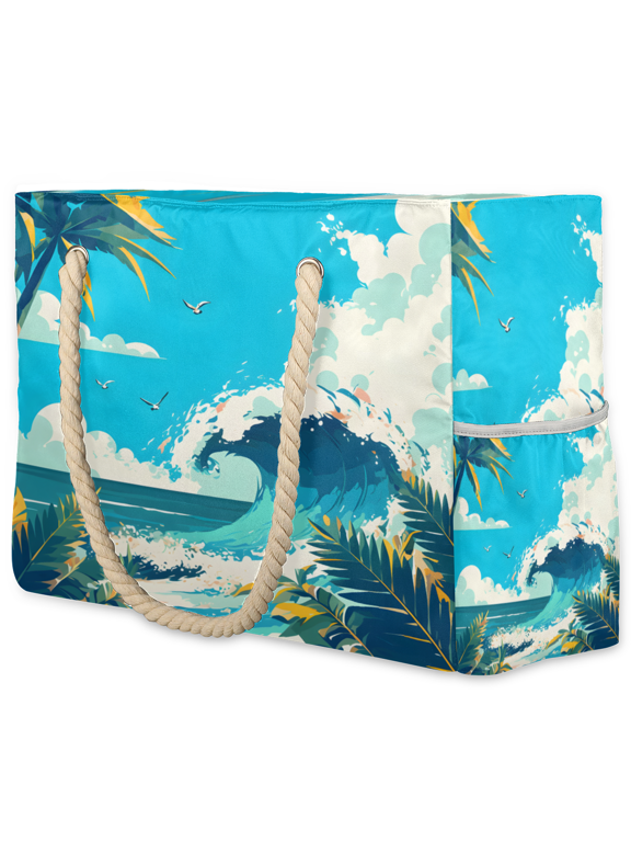 Ocean Beach Tote Beach Bag for Women Ladies with Zipper Tropical Palm Tree Large Waterproof Sandproof Swim Pool Bag