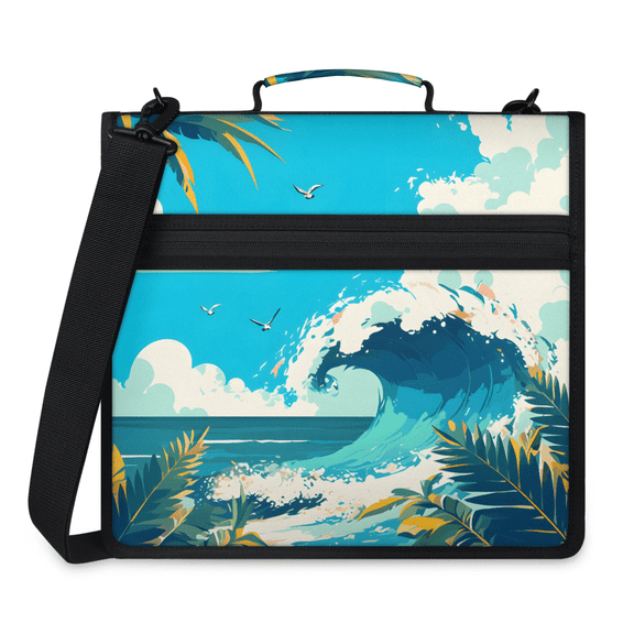 Herdesigns Ocean Beach Zipper Binder 1.5 Inch 3 D-Rings with Shoulder Strap & Handle, Waterproof Tropical Palm Tree Binder Organizer Bag for 13 Inch Laptop