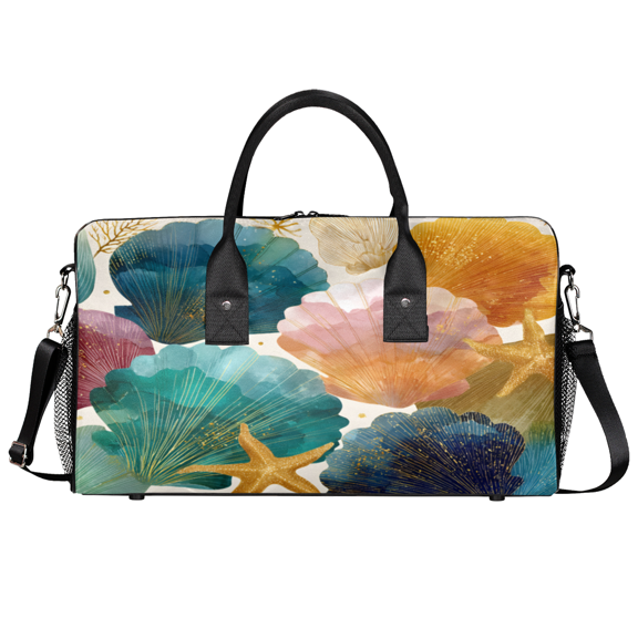 Herdesigns Ocean Colorful Seashells Sports Travel Duffle Bag for Men Women, Gym Bag Waterproof Lightweight Weekend Carry On Tote, Seashells Starfish