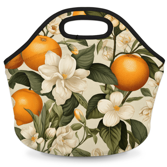 Herdesigns Orange Neoprene Lunch Bag, Fruits Flower Insulated Lunch Box for Women Men Washable Lunch Tote Soft Lunch Container With Zipper for Work Picnic Travel
