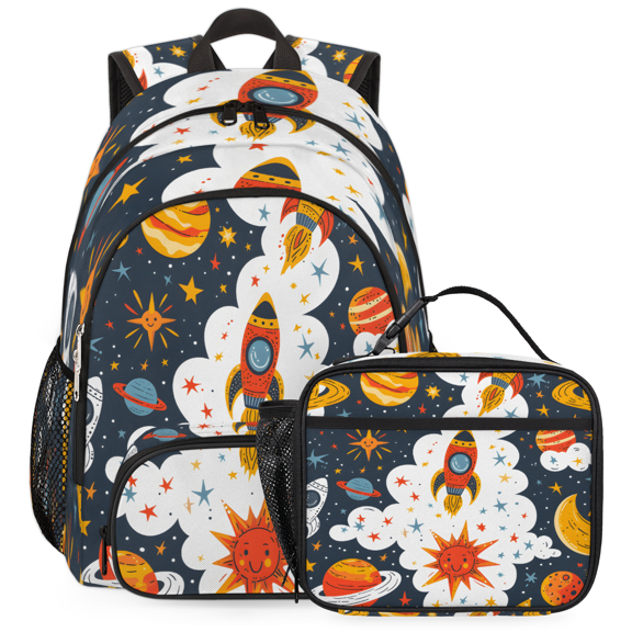 Herdesigns Outer Space Backpack with Lunch Box Space Rocket Lightweight Large Travel Work Laptop Backpacks Set Casual Daypacks