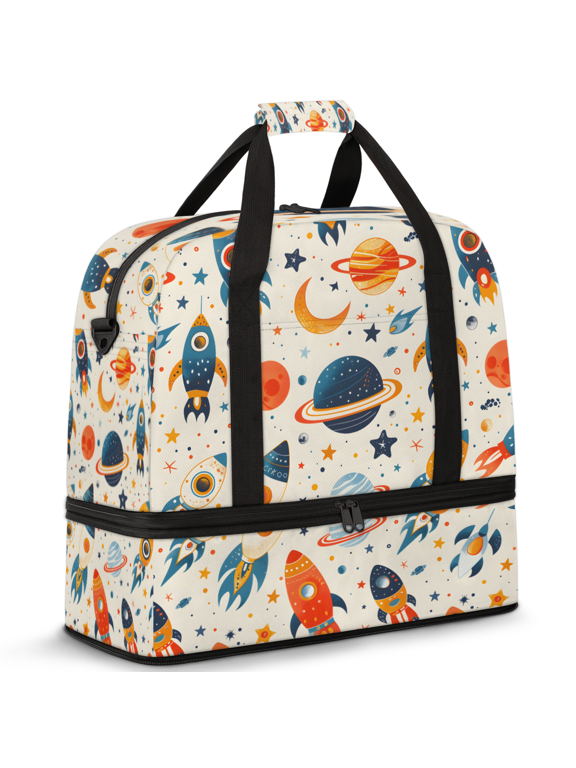 Outer Space Foldable Travel Duffle Bag for Women and Men Lightweight Carry On Overnight Bag Galaxy Rocket Planet Gym Luggage Weekender Bags with Shoe Compartment