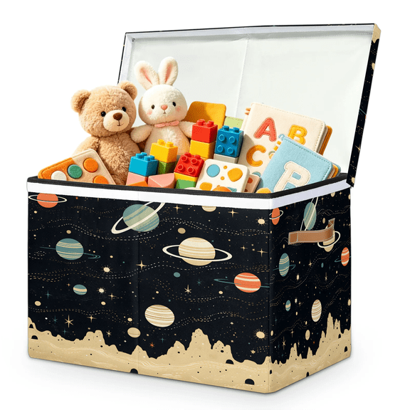 Herdesigns Outer Space Large Toy Box Chest Storage with Lid & Divider, Nebula Universe Planet Theme Collapsible Toy Container Bin for Boys Girls, Nursery Room Playroom, 25 x 13 x 16 Inch
