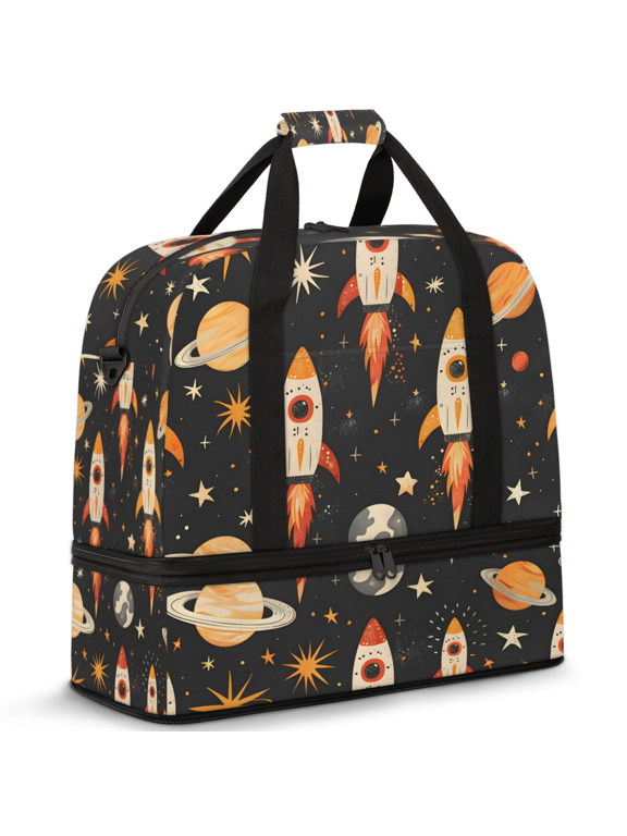 Outer Space Rocket Planets Foldable Travel Duffel Bag for Women Men, Gym Tote Bags with Shoe Compartment, Waterproof Carry On Weekend Overnight Bag