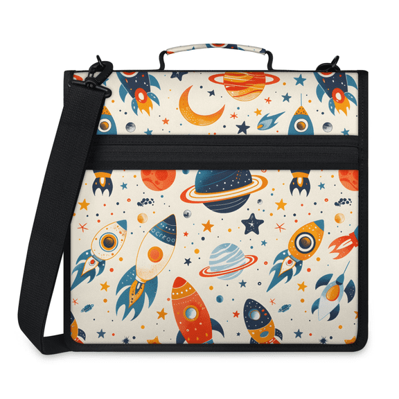 Herdesigns Outer Space Zipper Binder 1.5 Inch 3 D-Rings with Shoulder Strap & Handle, Waterproof Galaxy Rocket Planet Binder Organizer Bag for 13 Inch Laptop