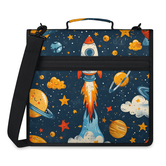 Herdesigns Outer Space Zipper Binder 1.5 Inch 3 D-Rings with Shoulder Strap & Handle, Waterproof Rocket Planets Binder Organizer Bag for 13 Inch Laptop