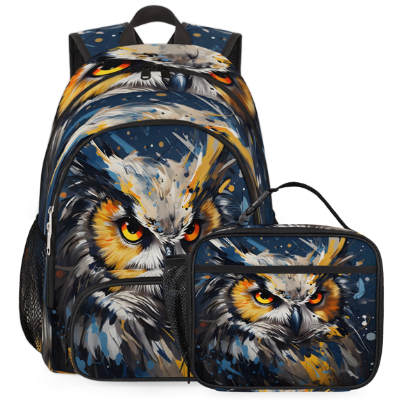 Herdesigns Owl Print Large Backpack Set with Lunch Box Lightweight Water Resistant Travel Laptop Backpacks Casual Daypacks for Women Men