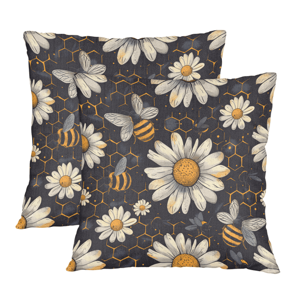 Herdesigns Pack of 2 Decorative Throw Pillow Covers Linen Pillow Cases, Honey Bumble Bee Cushion Cases for Patio Garden Tent Balcony Couch Sofa 26x26 Inch Daisy Floral Bee