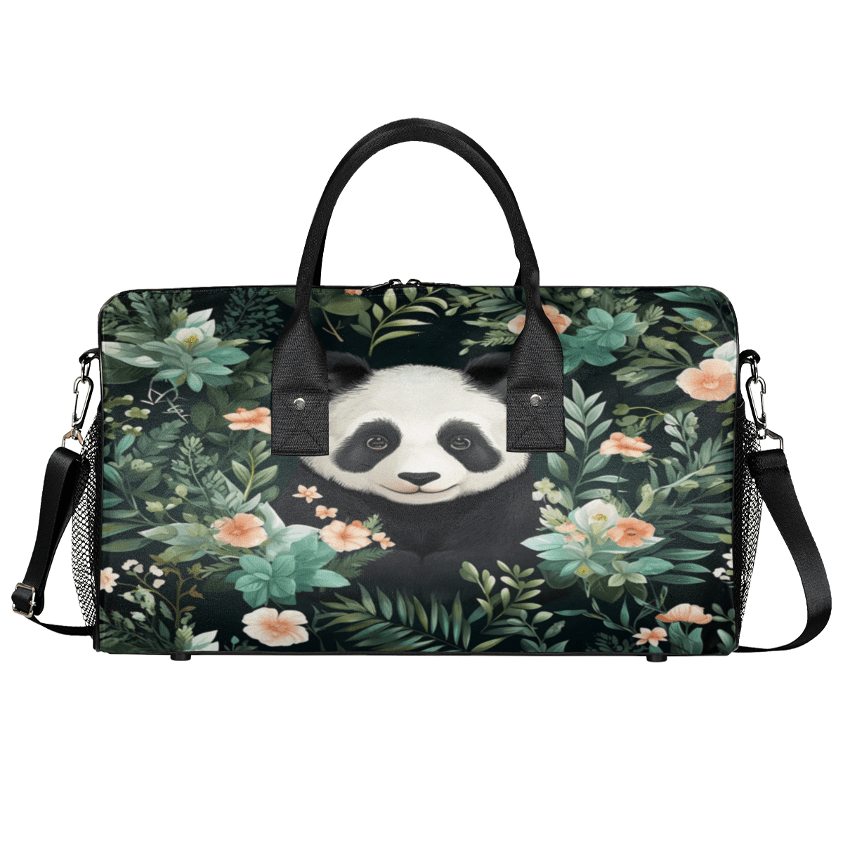 Herdesigns Panda Gym Bag for Women Men, Travel Duffle Bag Lightweight Waterproof Carry on Weekender Overnight Tote for Dance Cheer Sport, Panda Flowers