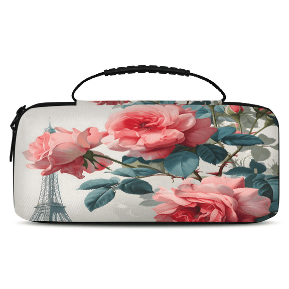 Herdesigns Paris Eiffel Tower Rose Flowers Carrying Case for Nintendo Switch OLED Model 2021 & Switch 2017 with 20 Game Card Slots, Portable Travel Carry Case for Accessories and Console