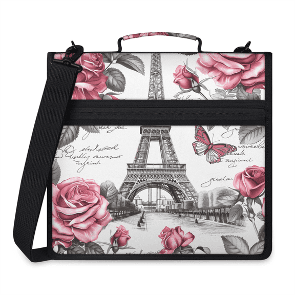 Herdesigns Paris Eiffel Tower Zipper Binder 1.5 Inch 3 D-Rings with Shoulder Strap & Handle, Waterproof Pink Rose Butterfly Binder Organizer Bag for 13 Inch Laptop