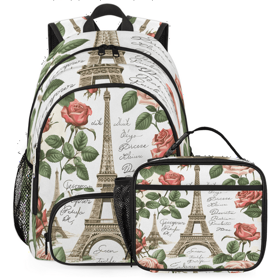 Herdesigns Paris Theme Backpack with Lunch Box Eiffel Tower Lightweight Large Travel Work Laptop Backpacks Set Casual Daypacks