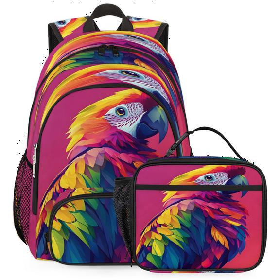 Herdesigns Parrot Large Backpack Set with Lunch Box Lightweight Water Resistant Travel Laptop Backpacks Casual Daypacks for Women Men, Bird