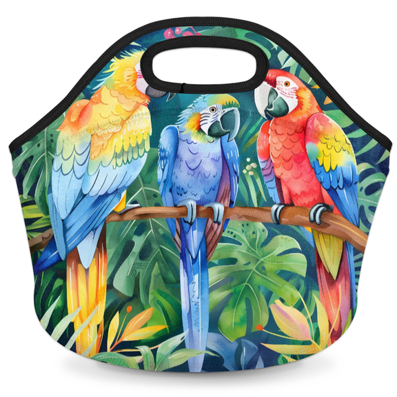 Herdesigns Parrot Tropical Palm Leaves Insulated Lunch Bag Neoprene Lunch Box for Women Men Soft Cooler Bag Washable Lunch Tote for Work Outdoor Picnic