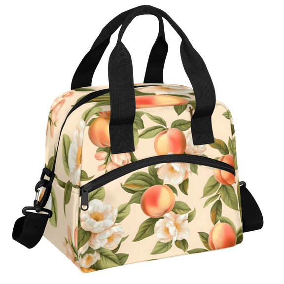 Herdesigns Peach Insulated Lunch Bag for Women Men Adults Large Reusable Lunch Box Orange Fruit Floral Leakproof Cooler Tote Bags with Adjustable Shoulder Strap
