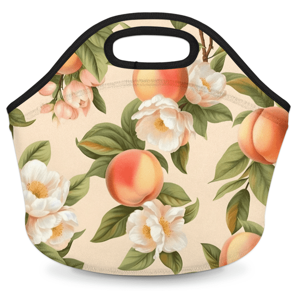 Herdesigns Peach Neoprene Lunch Bag, Orange Fruit Floral Insulated Lunch Box for Women Men Washable Lunch Tote Soft Lunch Container With Zipper for Work Picnic Travel