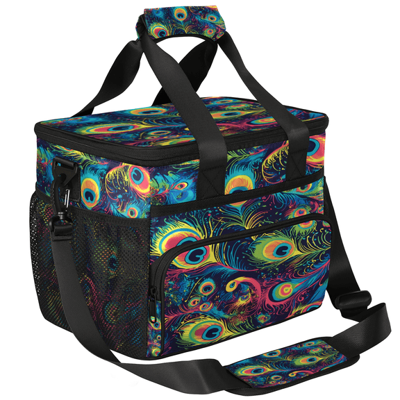 Herdesigns Peacock Feather Large Lunch Bag Insulated Thermal Lunchbox Reusable Leakproof Cooler Bags with Shoulder Strap for Adults Men Women Work Picnic, Blue Teal