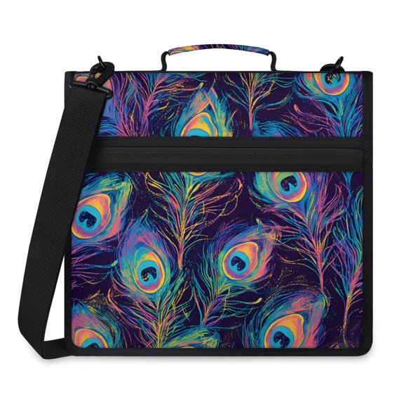 Herdesigns Peacock Feather Zipper Binder 1.5 Inch 3 D-Rings with Shoulder Strap & Handle, Waterproof Watercolor Feathers Binder Organizer Bag for 13 Inch Laptop