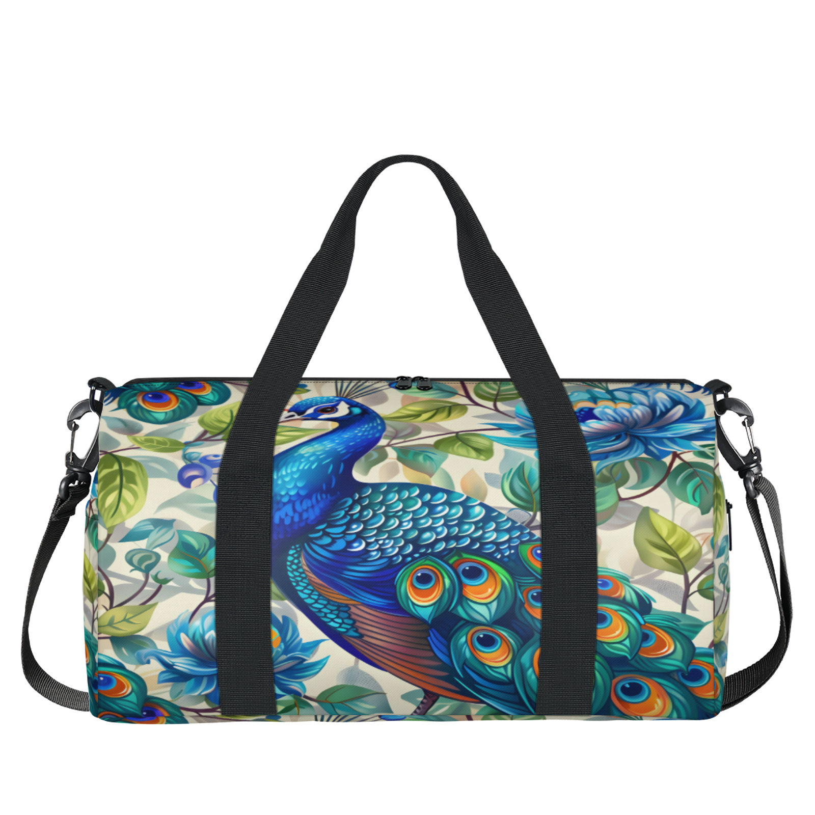 Herdesigns Peacock Travel Duffle Bag Sports Yoga Weekender Overnight Carry on Workout Bags Lightweight Waterproof Gym Tote Bag for Women Blue Beautiful Bird Flower