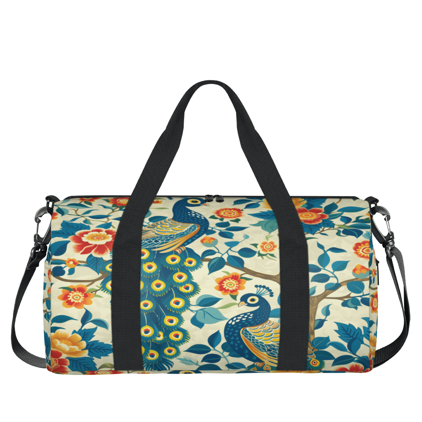 Herdesigns Peacock Travel Duffle Bag Sports Yoga Weekender Overnight Carry on Workout Bags Lightweight Waterproof Gym Tote Bag for Women Peacock Flower