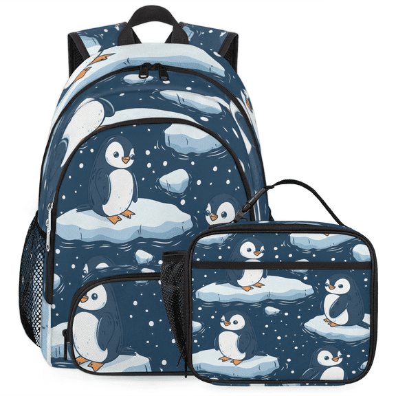 Herdesigns Penguin Backpack with Lunch Box Cute Animal Lightweight Large Travel Work Laptop Backpacks Set Casual Daypacks