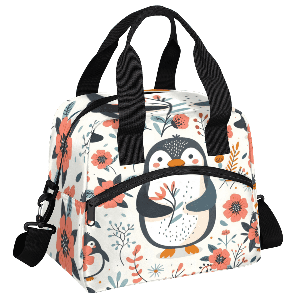 Herdesigns Penguin Insulated Lunch Bag for Women Men Adults Large Reusable Lunch Box Flower Leakproof Cooler Tote Bags with Adjustable Shoulder Strap