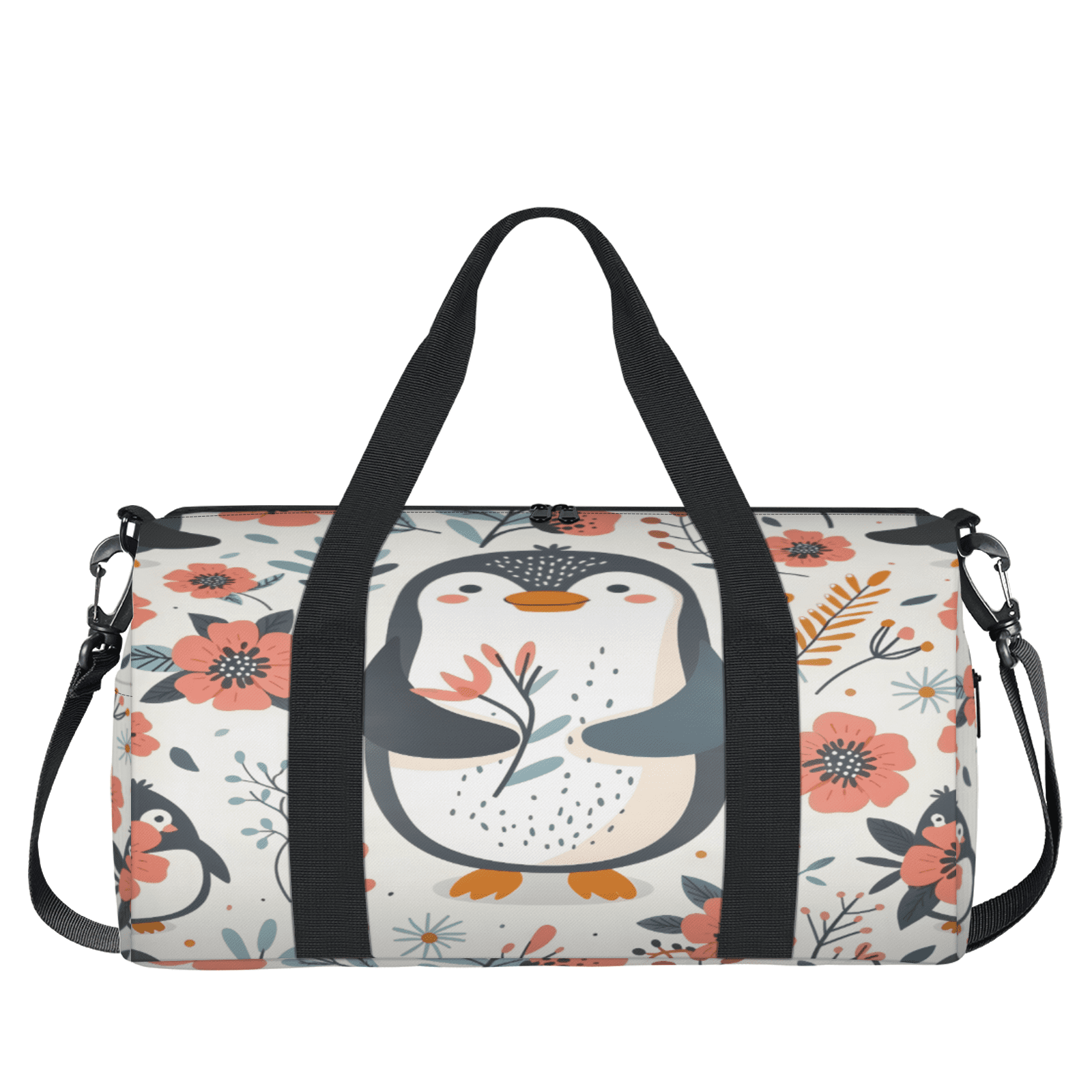 Herdesigns Penguin Travel Duffle Bag Sports Yoga Weekender Overnight Carry on Workout Bags Lightweight Waterproof Gym Tote Bag for Women Flower
