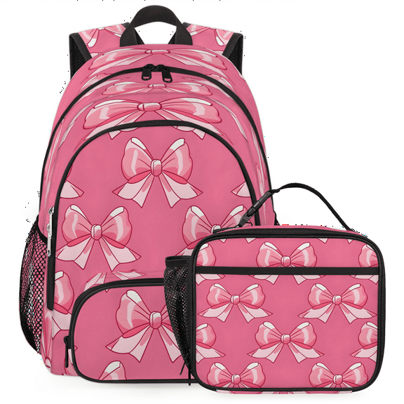 Herdesigns Pink Backpack with Lunch Box Bow Lightweight Large Travel Work Laptop Backpacks Set Casual Daypacks