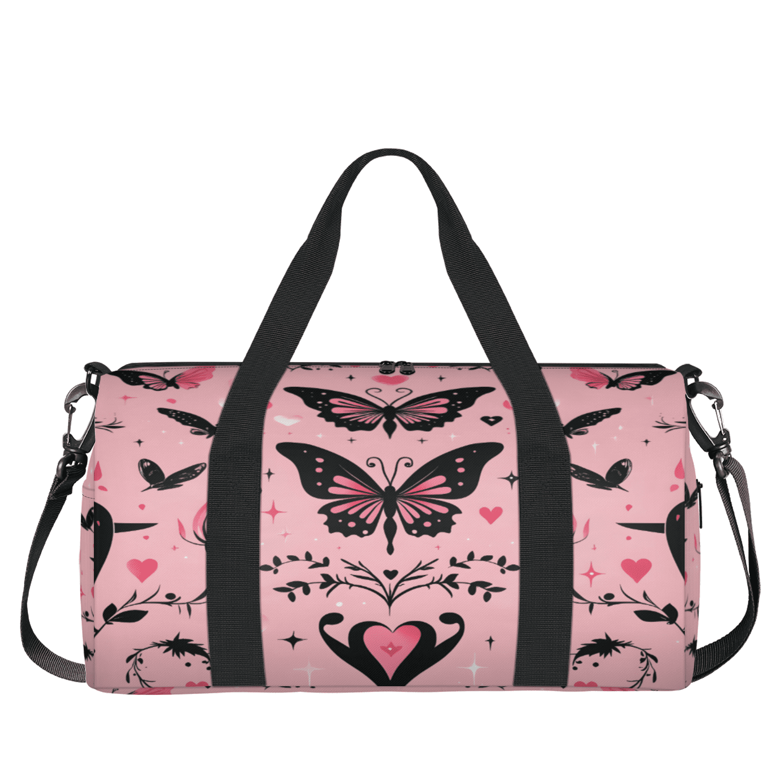 Herdesigns Pink Black Butterfly Gym Bag for Women, Duffle Bag for Travel Sport, Flower Lightweight Waterproof Carry on Weekender Dance Yoga Workout Bags