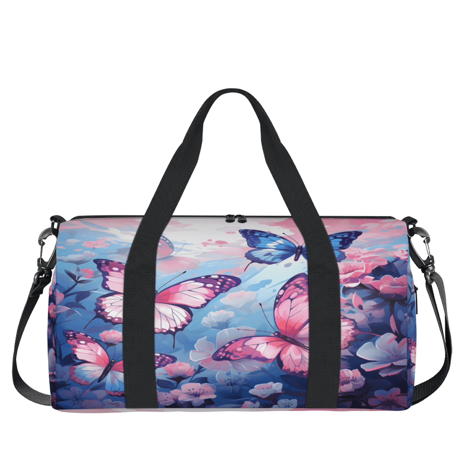 Herdesigns Pink Blue Butterfly Gym Bag for Women, Duffle Bag for Travel Sport, Lightweight Waterproof Carry on Weekender Overnight Dance Yoga Workout Bags