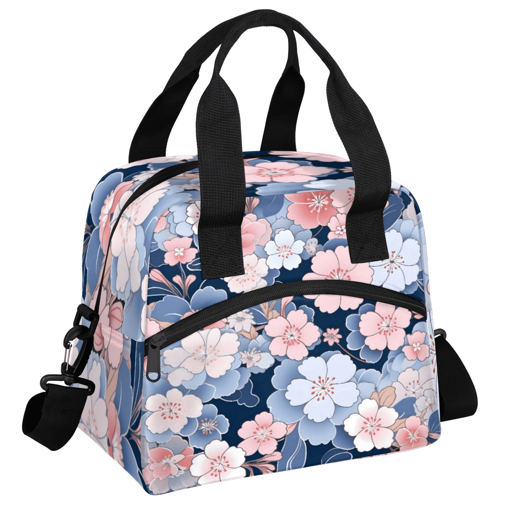 Herdesigns Pink Blue Cherry Blossom Insulated Lunch Bag for Women Men Adults Large Reusable Lunch Box Leakproof Portable Cooler Tote Bags with Adjustable Shoulder Strap