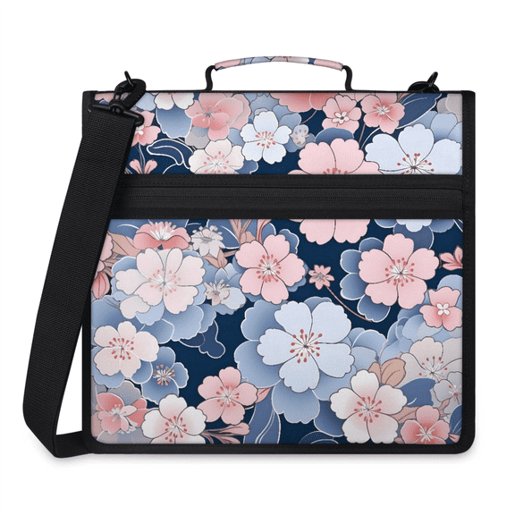Herdesigns Pink Blue Cherry Blossom Zipper Binder with Shoulder Strap, Waterproof 1.5 Inch 3 D-Ring Binder Organizer Bag, Fits 13 Inch Laptop for Work, Floral