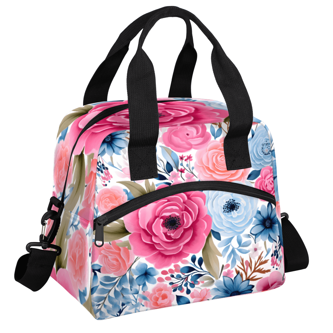 Herdesigns Pink Blue Floral Insulated Lunch Bag for Women Men Adults Large Reusable Lunch Box Leakproof Portable Cooler Tote Bags with Adjustable Shoulder Strap