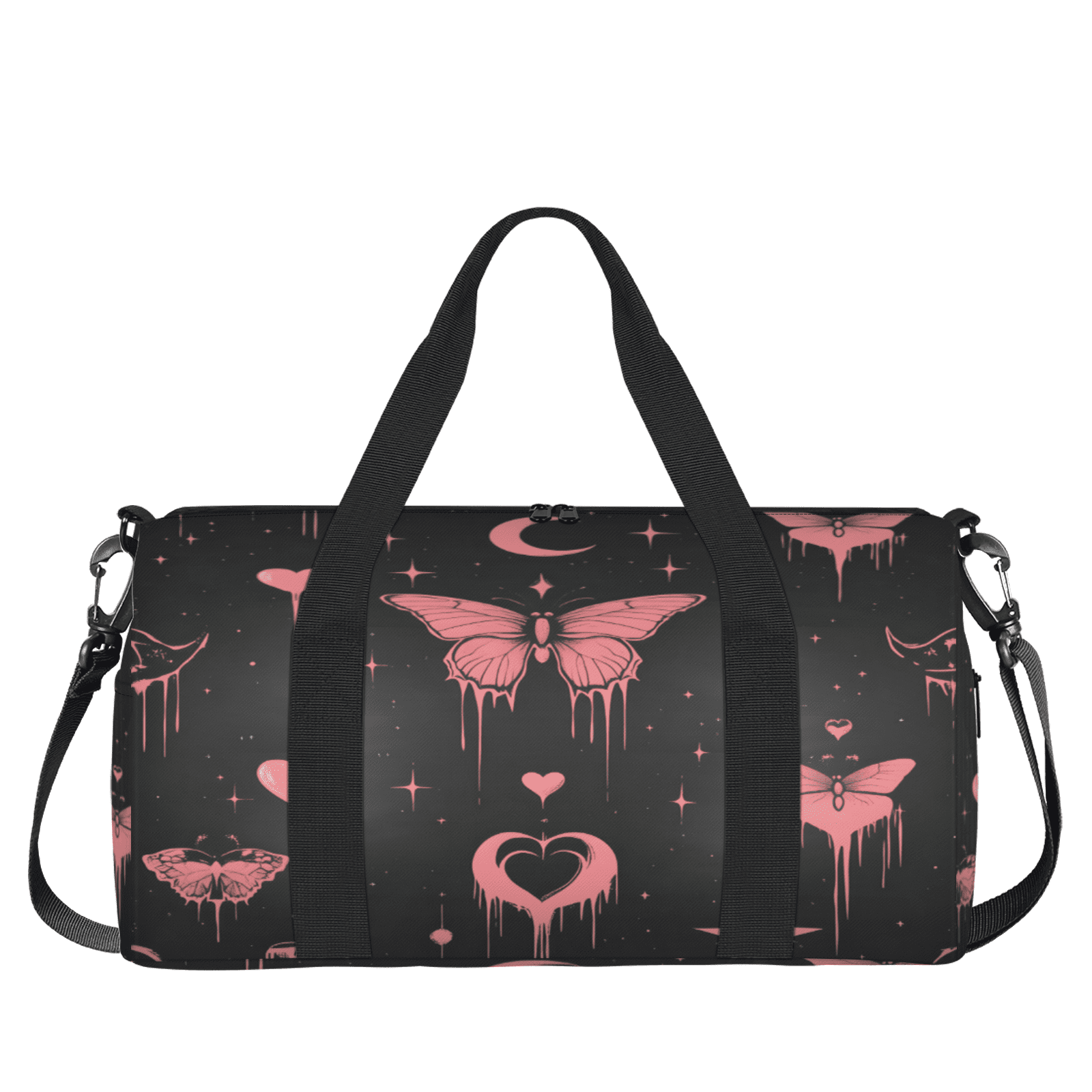 Herdesigns Pink Butterfly Gym Bag for Women, Duffle Bag for Travel Sport, Moon Love Lightweight Waterproof Carry on Weekender Dance Yoga Workout Bags