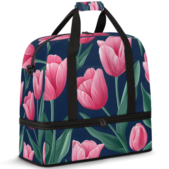 Herdesigns Pink Floral Foldable Travel Duffle Bag for Women and Men Lightweight Carry On Overnight Bag Tulip Flower Gym Luggage Weekender Bags with Shoe Compartment