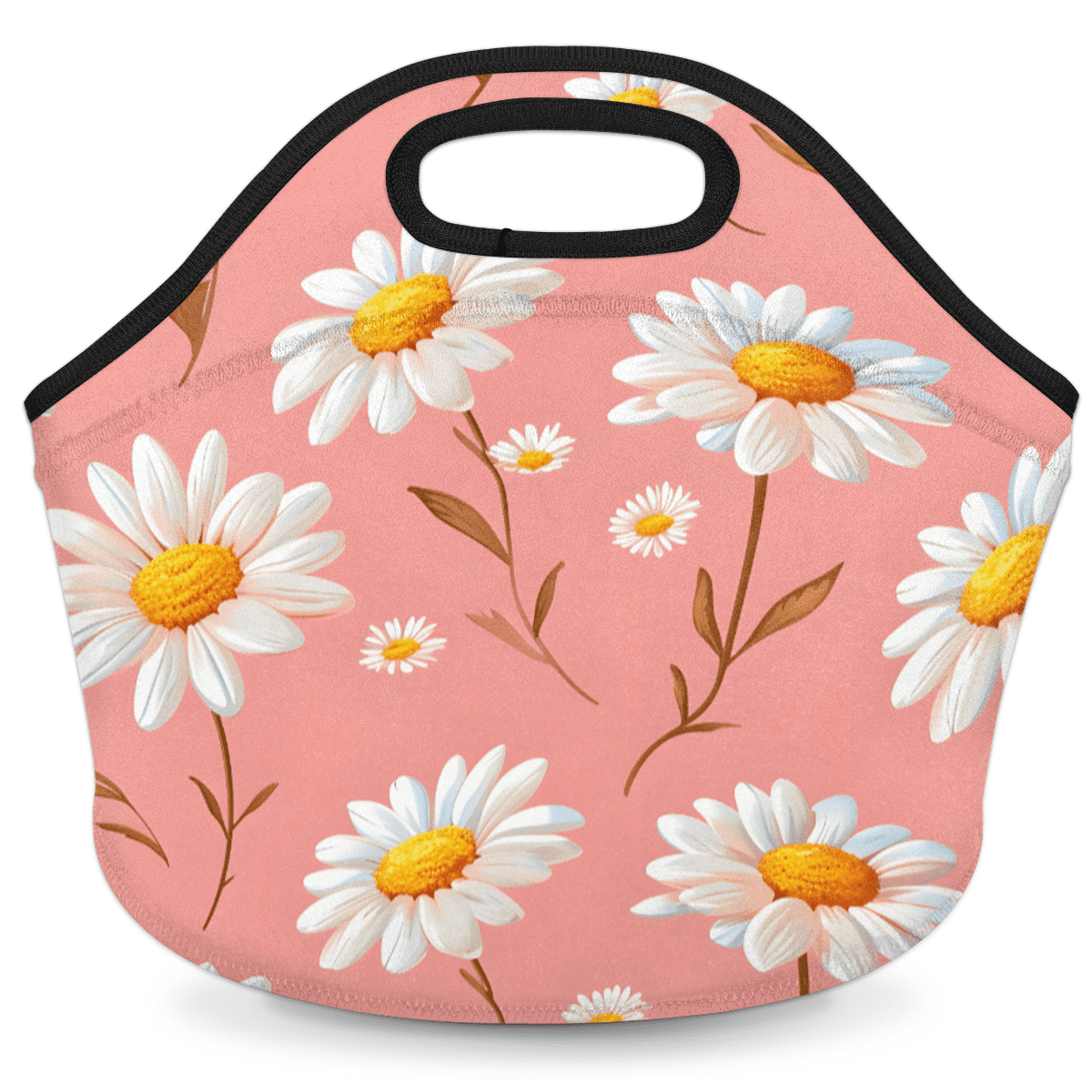 Herdesigns Pink Floral Neoprene Lunch Bag, Daisy Insulated Lunch Box for Women Men Washable Lunch Tote Soft Lunch Container With Zipper for Work Picnic Travel