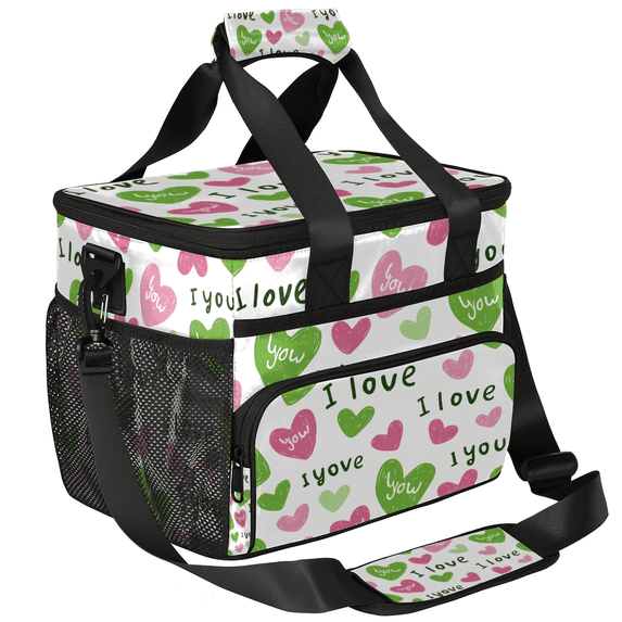 Herdesigns Pink Green Love Large Lunch Bag Insulated Thermal Lunchbox Reusable Leakproof Cooler Bags with Shoulder Strap for Adults Men Women Work Picnic, Valentine's Day