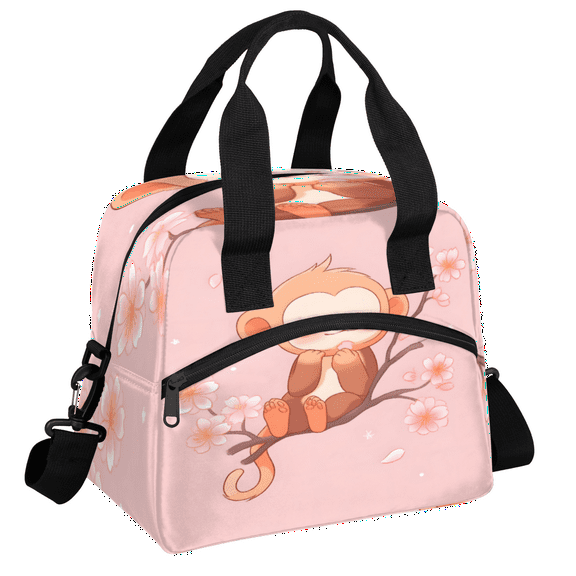 Herdesigns Pink Insulated Lunch Bag for Women Men Adults Large Reusable Lunch Box Cute Monkey Leakproof Cooler Tote Bags with Adjustable Shoulder Strap