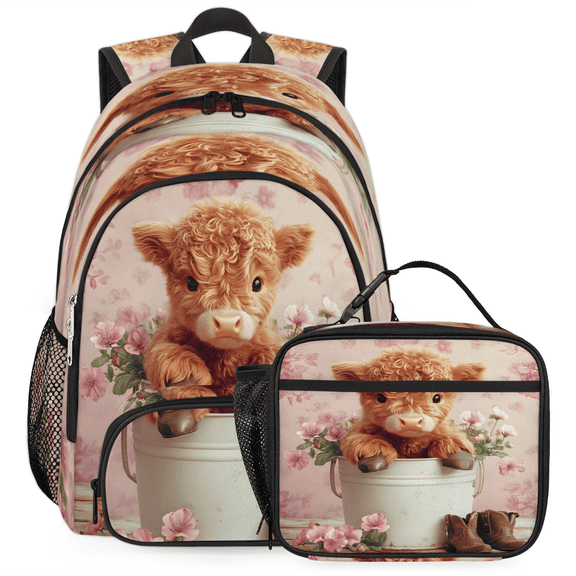 Herdesigns Pink Large Backpack Set with Lunch Box Lightweight Water Resistant Travel Laptop Backpacks Casual Daypacks for Women Men, Highland Cow