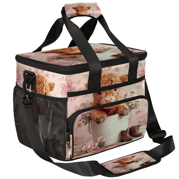 Herdesigns Pink Large Insulated Lunch Box for Adults Women Men with Adjustable Shoulder Strap, Highland Cow Reusable Cooler Lunch Bag for Offices Picnic Hiking Beach