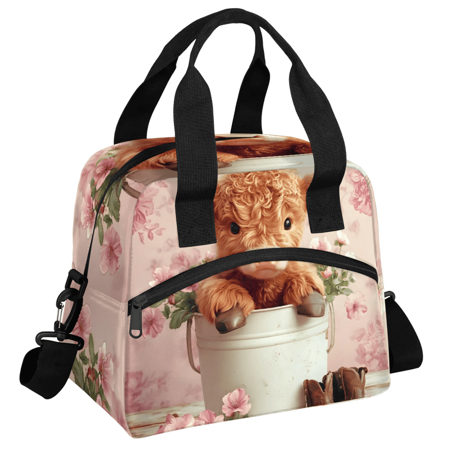 Herdesigns Pink Lunch Bag for Men Women Adults Highland Cow Insulated Lunch Box Leakproof Cooler Tote Bag Organizer with Adjustable Shoulder Strap