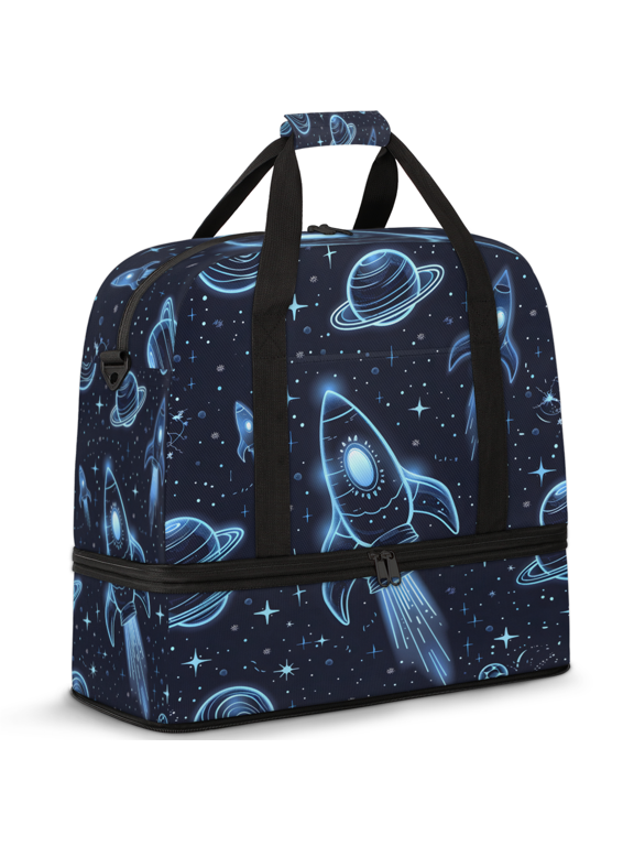Planets Universe Rocket Foldable Travel Duffle Bag for Women and Men Lightweight Carry On Overnight Bag Outer Space Gym Luggage Weekender Bags with Shoe Compartment