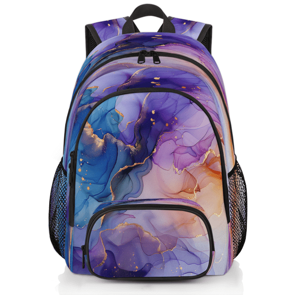 Herdesigns Purple Blue and Gold Marble Laptop Backpack for Women Men, 18.3 Inch Travel Work Backpacks, Abstract Modern Waterproof Computer Casual Daypack Nurse Teacher Bags