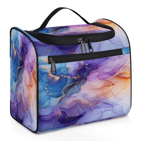 Herdesigns Purple Blue and Gold Marble Large Travel Toiletry Bag with Hanging Hook for Women Men, Abstract Modern Makeup Cosmetic Organizer for Accessories