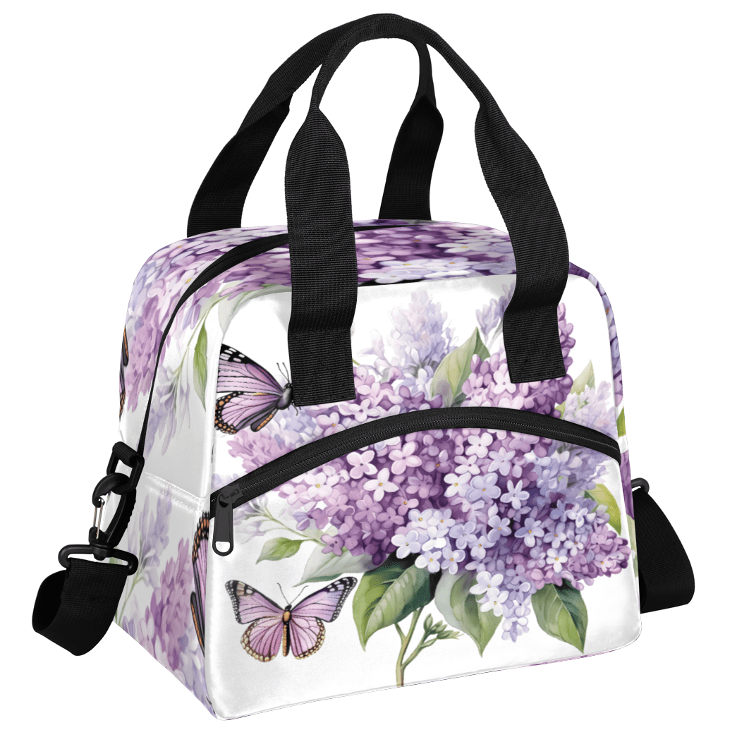 Herdesigns Purple Hydrangea Butterfly Insulated Lunch Bag for Women Men Adults Large Reusable Lunch Box Leakproof Portable Cooler Tote Bags with Adjustable Shoulder Strap