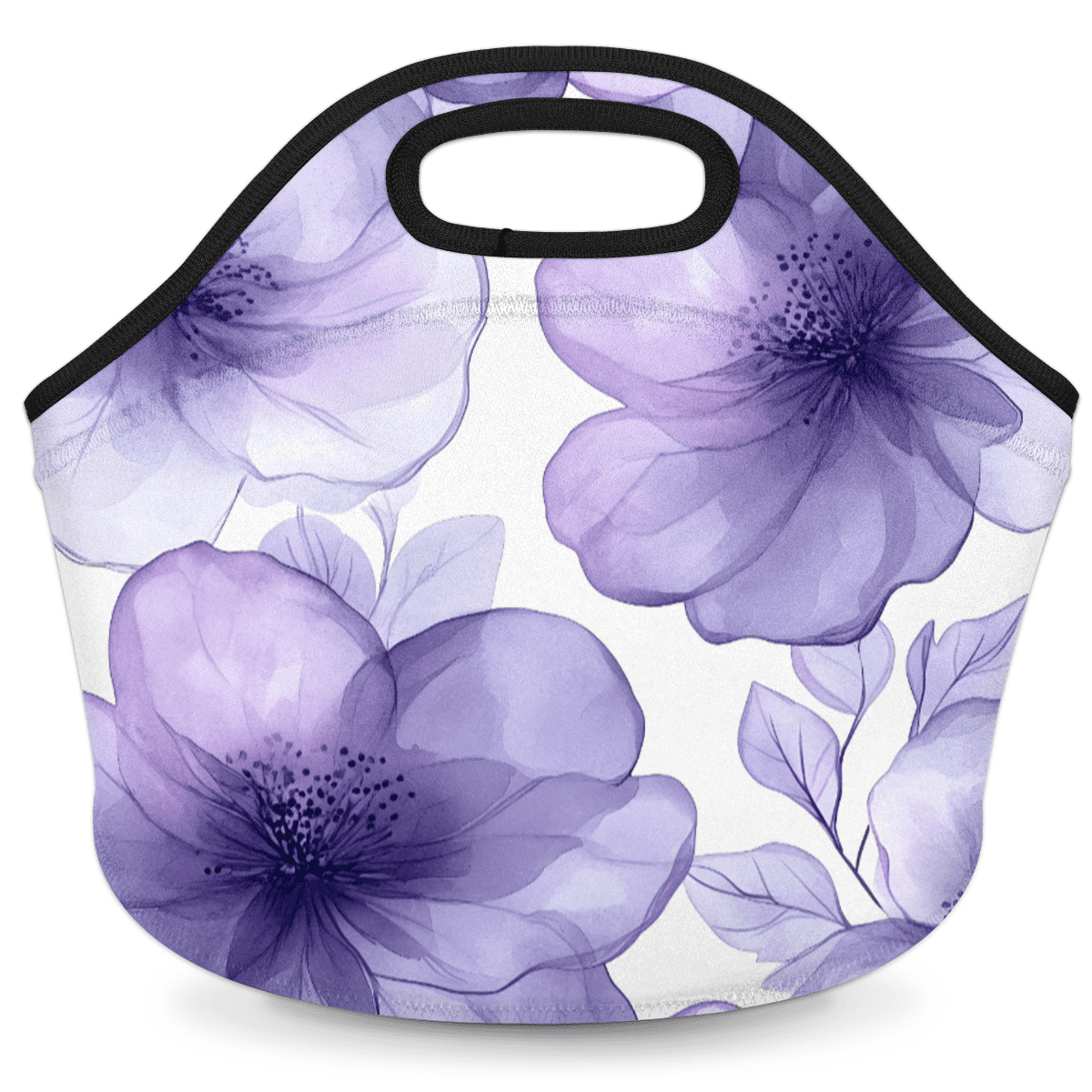 Herdesigns Purple Insulated Lunch Bag Neoprene Lunch Box for Women Men Soft Cooler Bag Floral Washable Lunch Tote for Work Outdoor Picnic