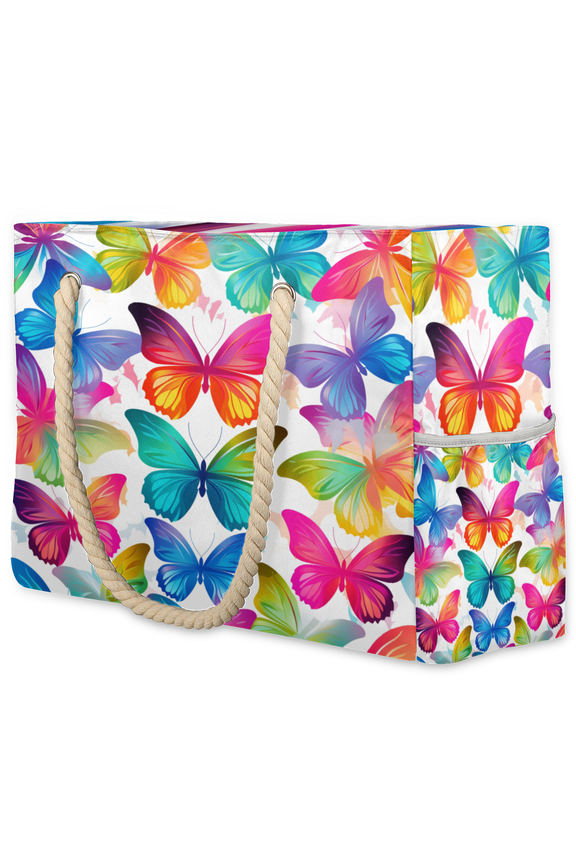 Rainbow Butterfly Tote Beach Bag for Women Ladies Large Zipper Beach Bags Waterproof Sandproof Sports Gym Swim Pool Travel Bag