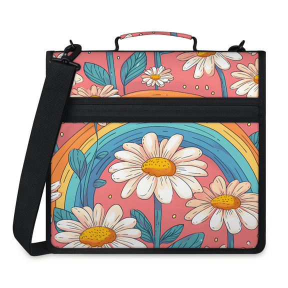 Herdesigns Rainbow Daisy Zipper Binder 1.5 Inch 3 D-Rings with Shoulder Strap & Handle, Waterproof Floral Binder Organizer Bag for 13 Inch Laptop