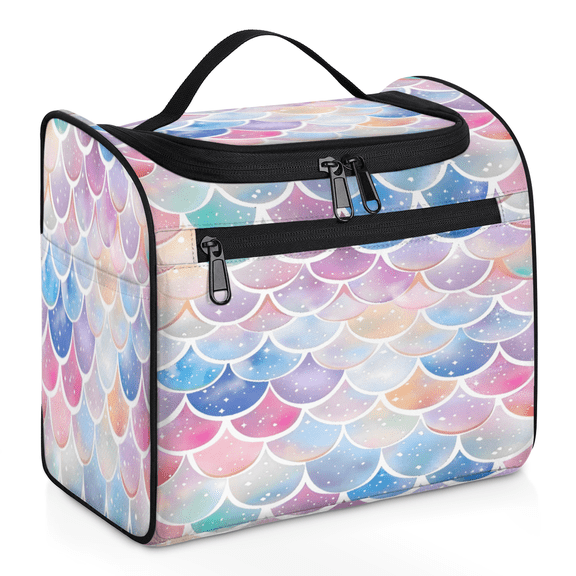 Herdesigns Rainbow Fish Scale Mermaid Toiletry Bag for Women, Travel Makeup Bag, Waterproof Hanging Cosmetic Organizer for Toiletries & Makeup Essentials