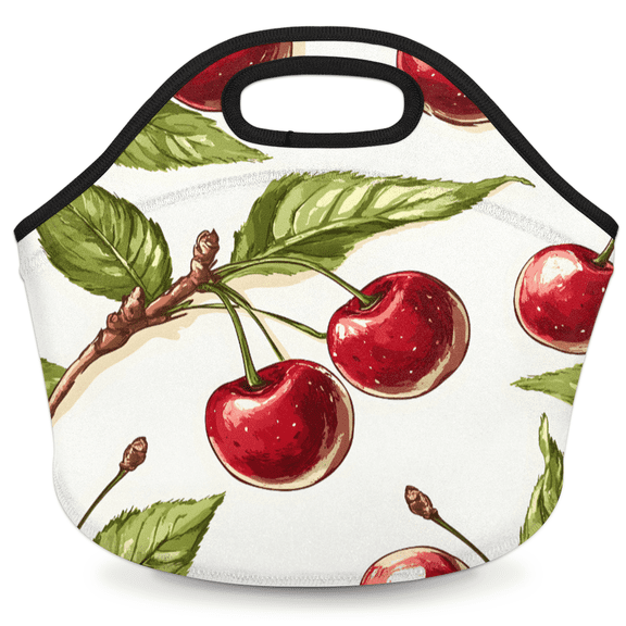 Herdesigns Red Cherry Insulated Lunch Bag Neoprene Lunch Box for Women Men Soft Cooler Bag Cherry Pattern Washable Lunch Tote for Work Outdoor Picnic